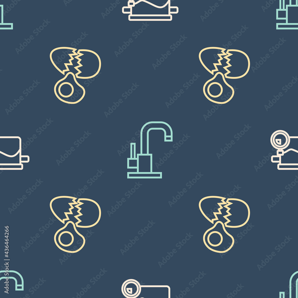 Set line Cooking pot, Broken egg and Water tap on seamless pattern. Vector