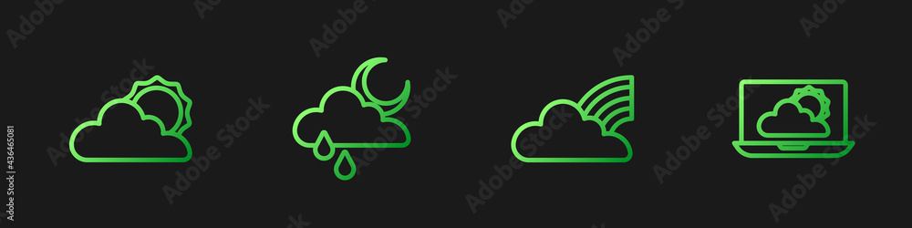 Set line Rainbow with clouds, Sun and weather, Cloud rain moon and Weather forecast. Gradient color 