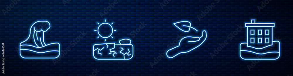 Set line Sprout in hand, Tsunami, Drought and House flood. Glowing neon icon on brick wall. Vector