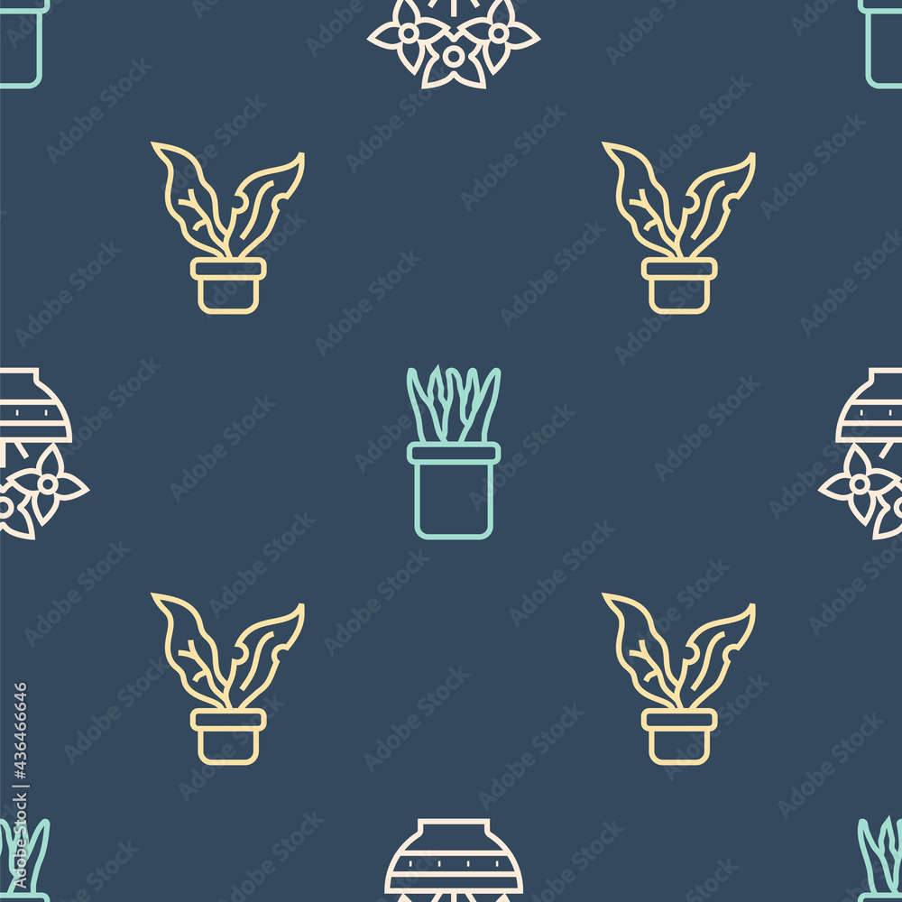 Set line Flower in vase, Plant pot and on seamless pattern. Vector