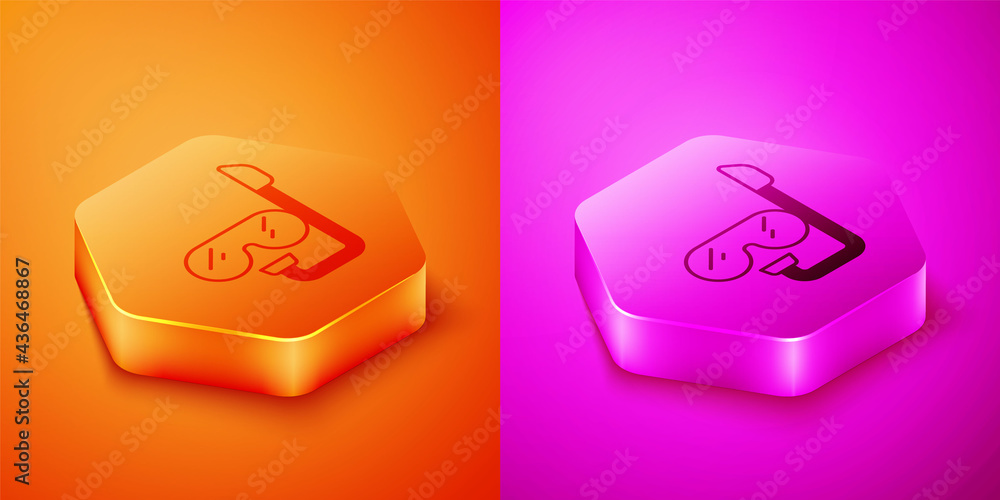 Isometric Diving mask and snorkel icon isolated on orange and pink background. Extreme sport. Diving