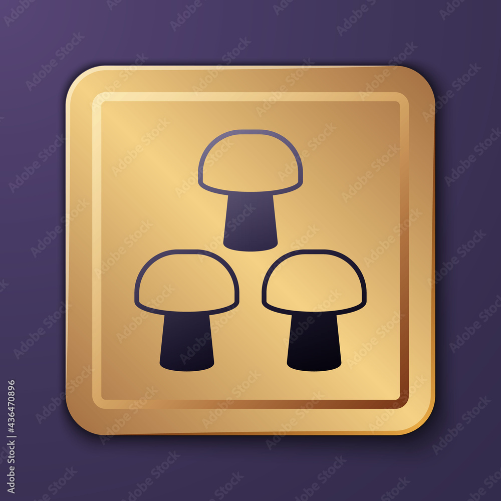 Purple Mushroom icon isolated on purple background. Gold square button. Vector