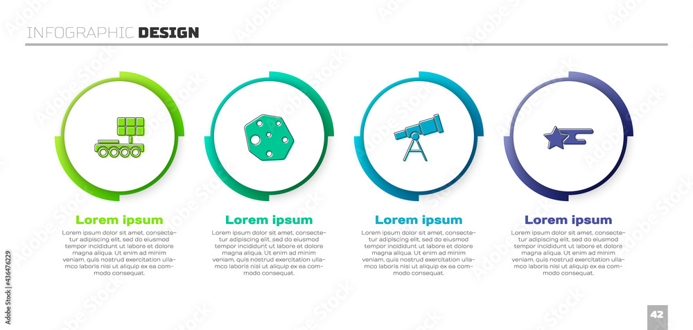 设置火星车、小行星、望远镜和流星。商业信息图模板。矢量