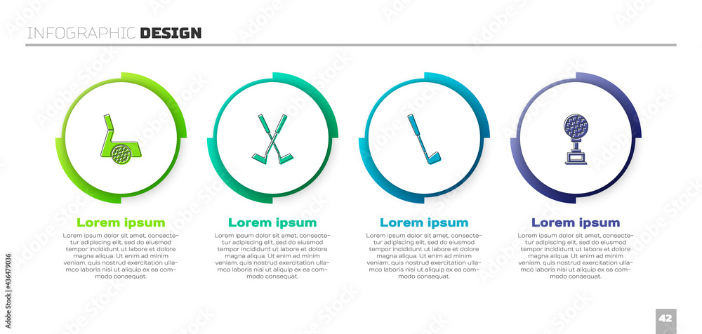 设置带球高尔夫球杆、交叉高尔夫和奖杯。商业信息图模板。矢量