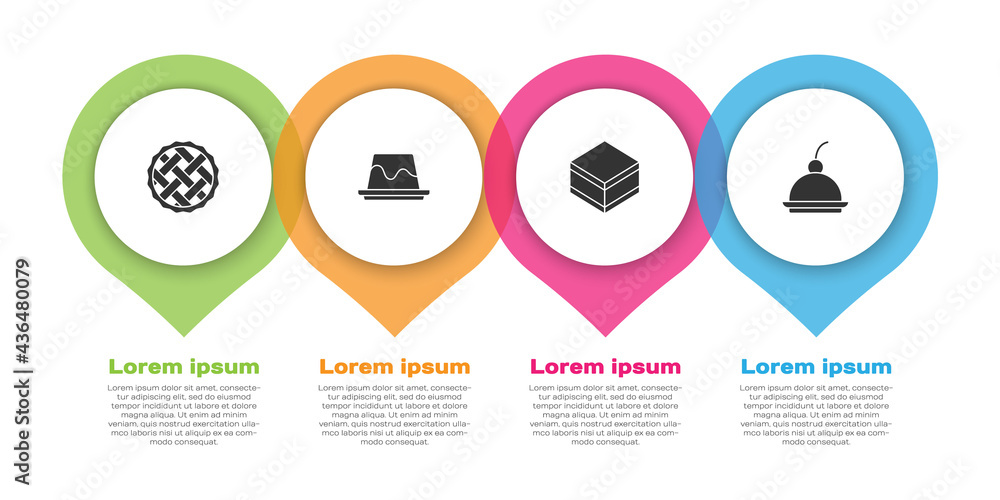 设置自制馅饼、布丁奶油冻、布朗尼巧克力蛋糕和樱桃芝士蛋糕。商业信息图
