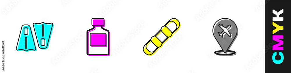 设置游泳用橡胶脚蹼、威士忌瓶、滑雪板和平面图标。Vector