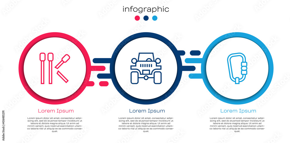 设置线路火柴，越野车和铁钩。商业信息图模板。矢量