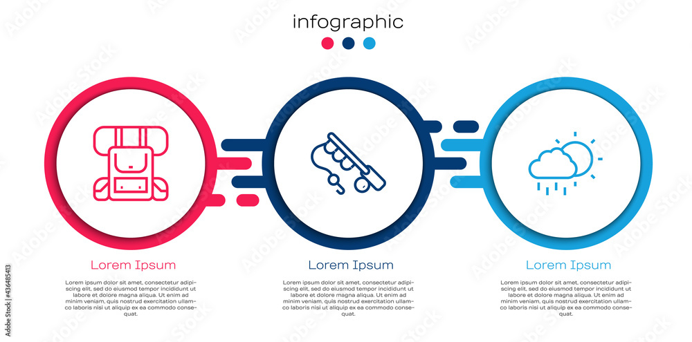 Set line徒步背包，钓鱼竿和带雨的云。商业信息图模板。Vector
