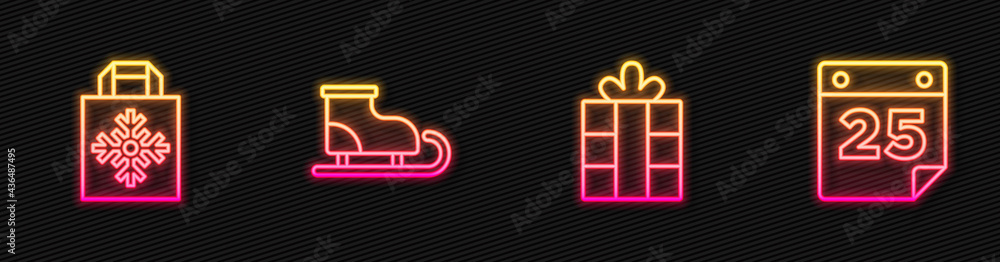 Set line Gift box, Christmas shopping bag, Figure skates and Calendar. Glowing neon icon. Vector