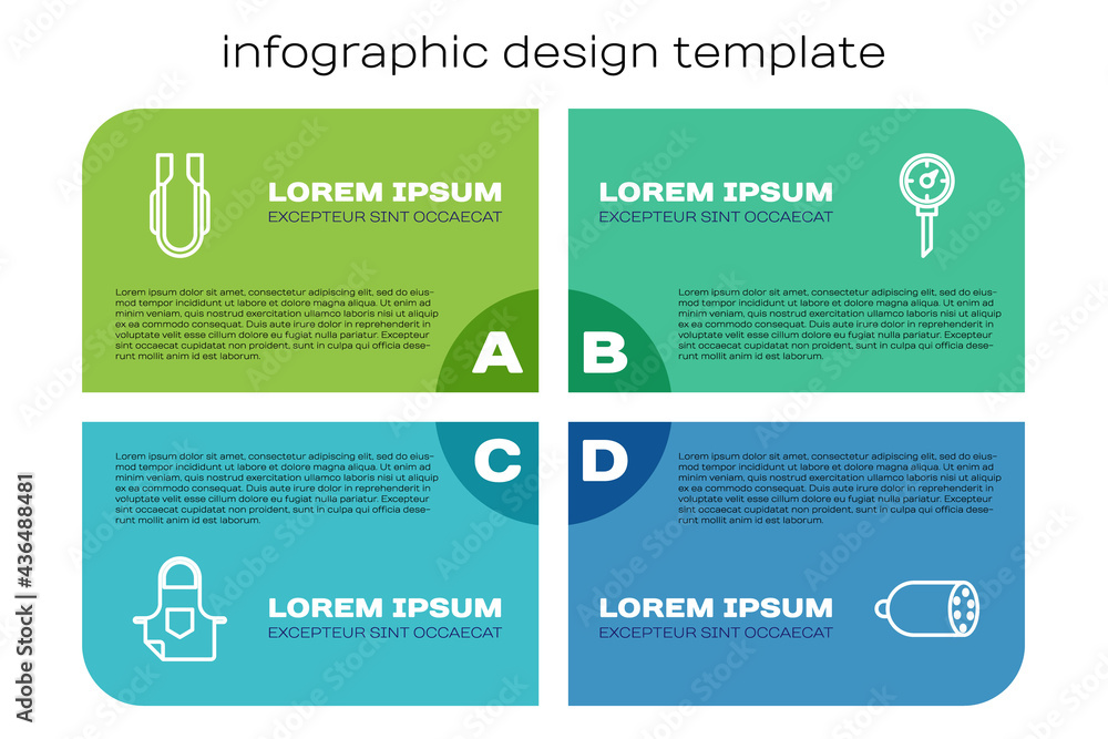 Set line Kitchen apron, Meat tongs, Salami sausage and thermometer. Business infographic template. V