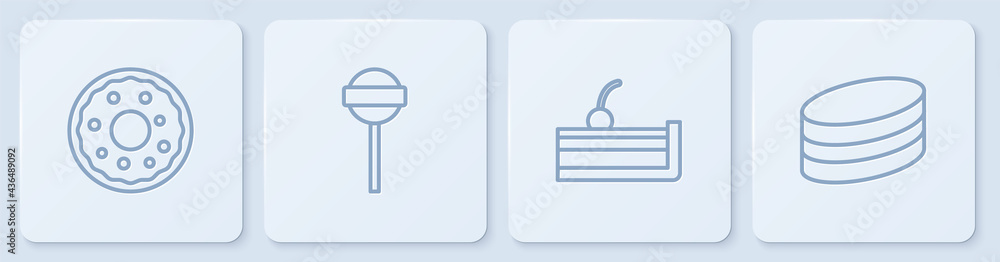 Set line Donut, Cherry cheesecake, Lollipop and Brownie chocolate. White square button. Vector