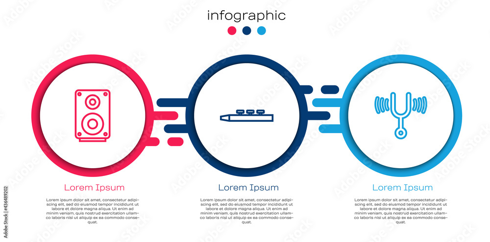 设置立体声扬声器、鼓和鼓槌以及音乐音叉。商业信息图模板