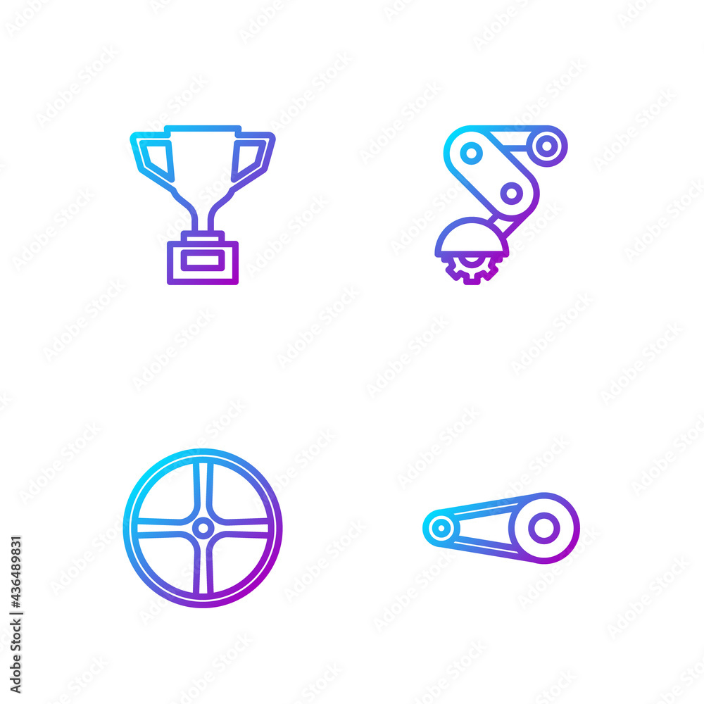 Set line Bicycle chain with gear, wheel, Award cup bicycle and Derailleur rear. Gradient color icons