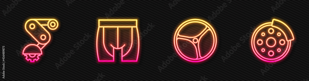 Set line Bicycle wheel, Derailleur bicycle rear, Cycling shorts and brake disc. Glowing neon icon. V