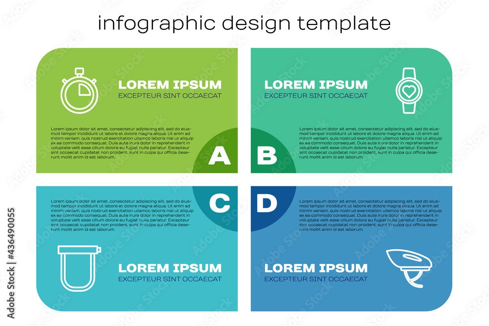 设置线路自行车锁、秒表、头盔和智能。商业信息图模板。矢量