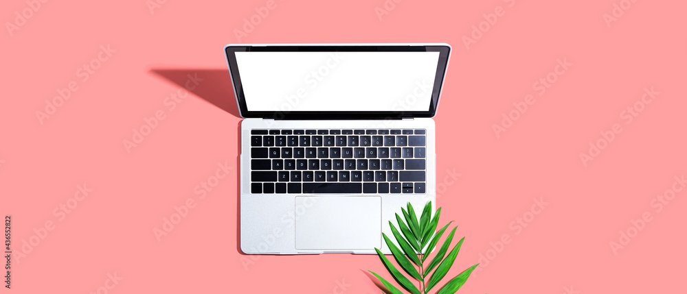 Laptop computer with tropical leaf