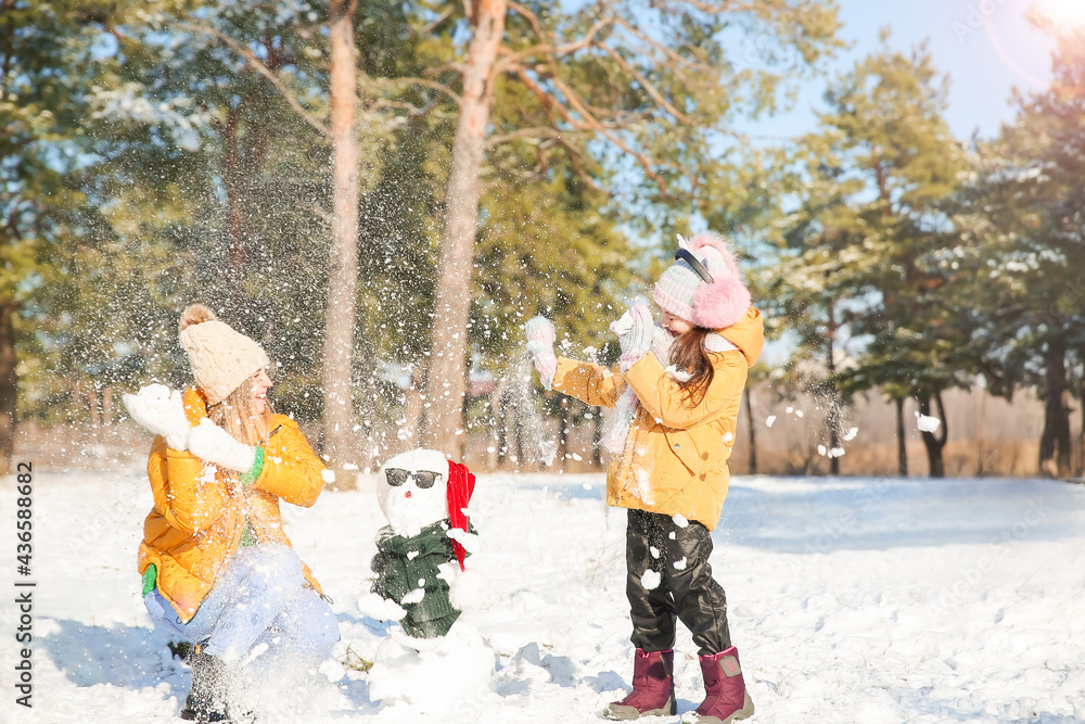 快乐的一家人在公园里玩雪球