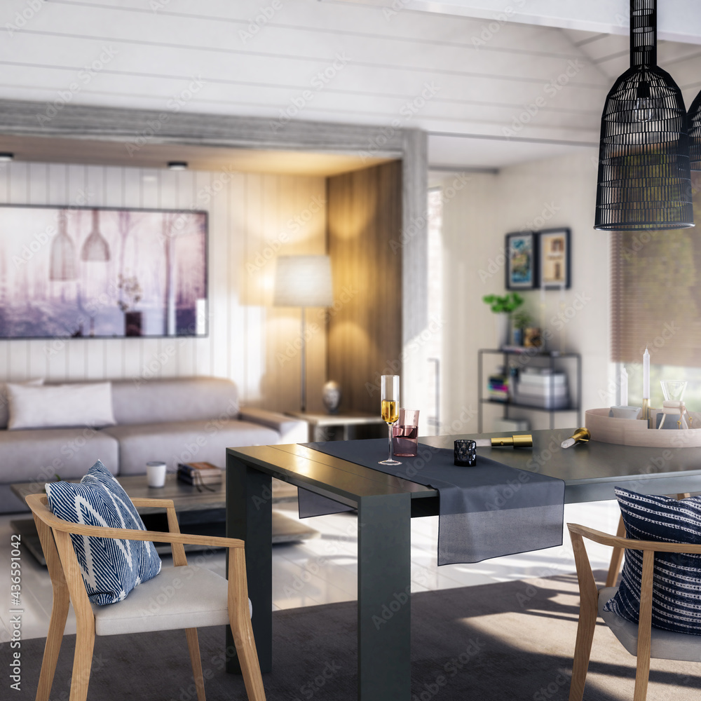 Modern Furnishings Inside an Attic Designed in White Wood (focused) - 3D Visualization