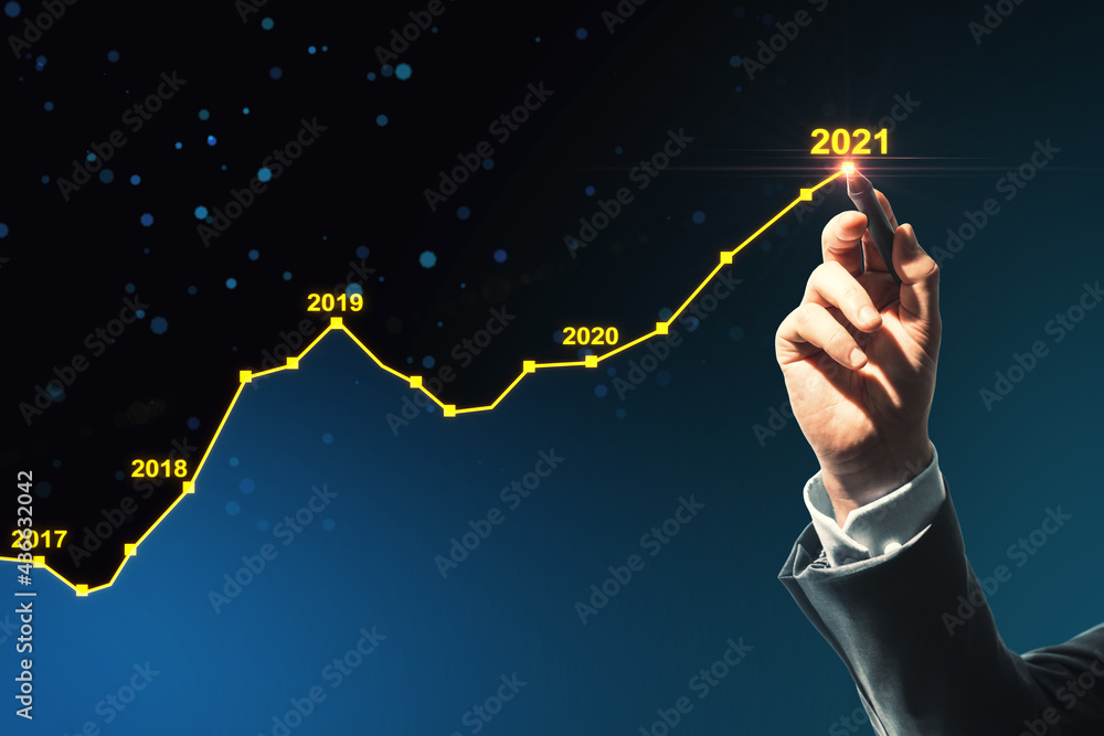 Business information technology, statistics and report concept. Businessman hand drawing abstract gl