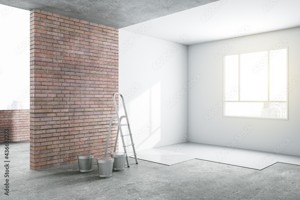 Sunny renovation room in light apartment with brick and white walls and ladder with buckets on concr