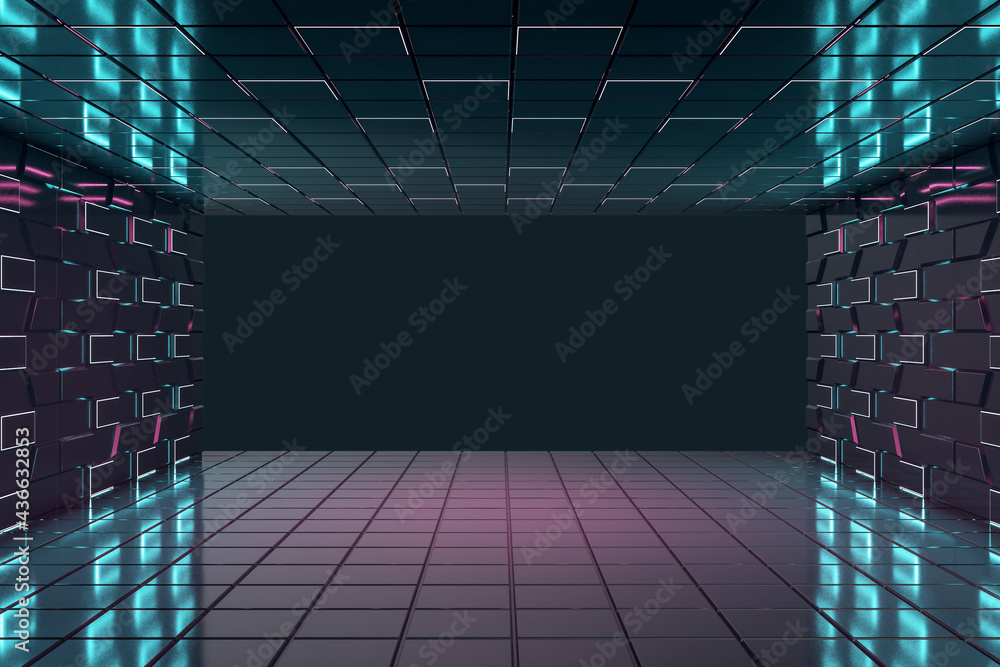 Modern stylish abstract space with futuristic style walls and blank black wall. 3D rendering, mockup