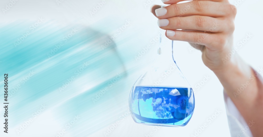 Composition of hand of lab technician holding flask of blue liquid, with blue blurred copy space