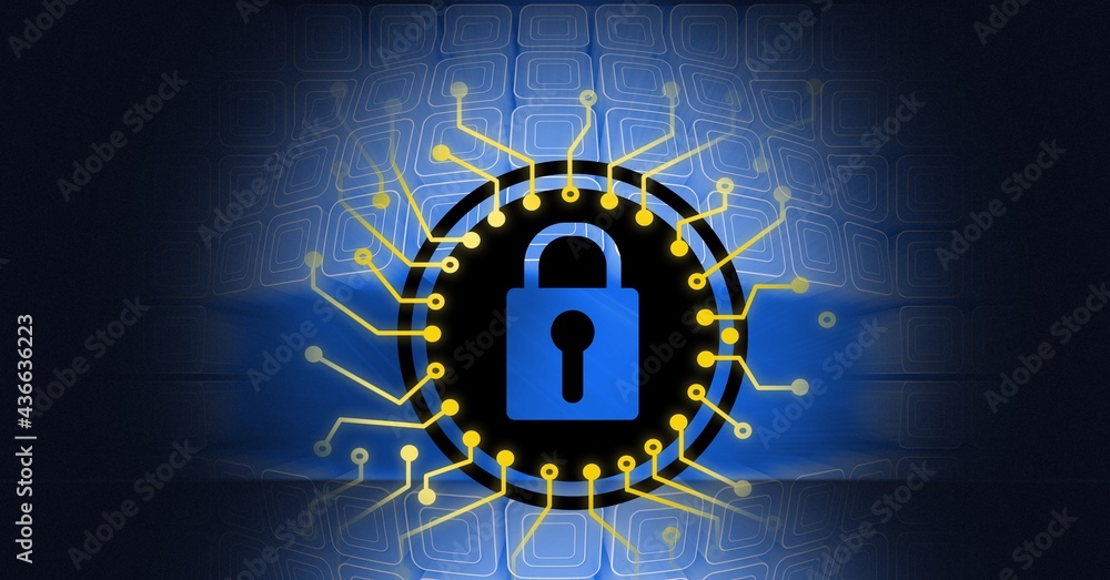 Composition of padlock in black circle with yellow circuits on vignetted background of blue squares