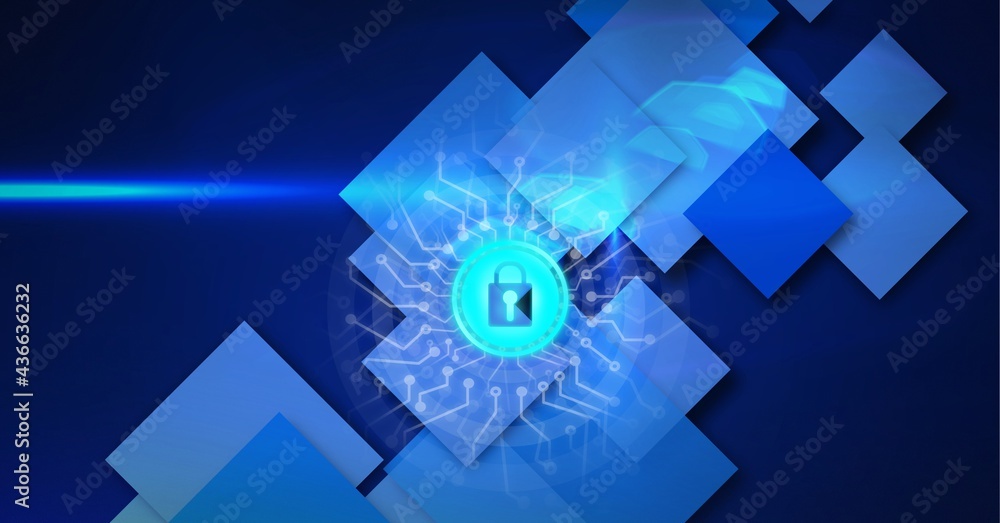 Composition of blue padlock icon with grey circuits over blue rectangles and light beam on dark blue