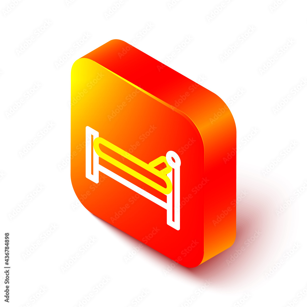 Isometric line Bed icon isolated on white background. Orange square button. Vector Illustration