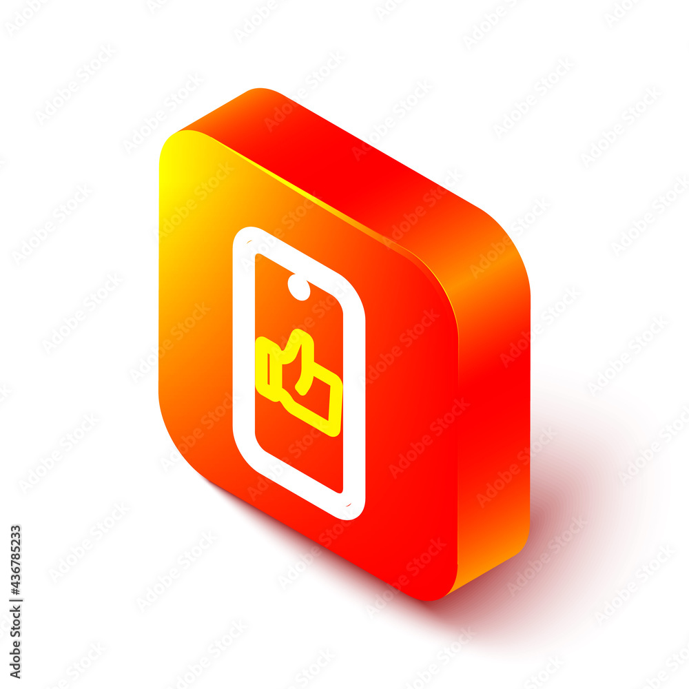 Isometric line Hand like icon isolated on white background. Orange square button. Vector