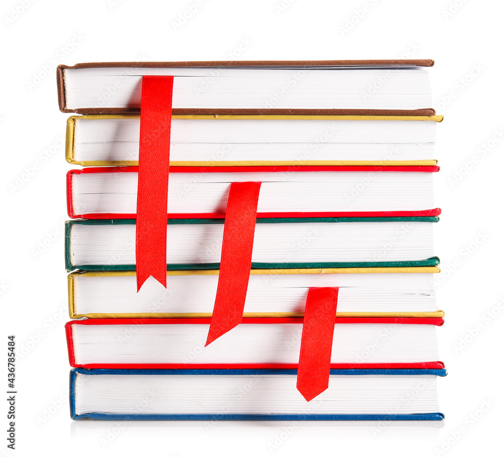 Books with bookmarks on white background