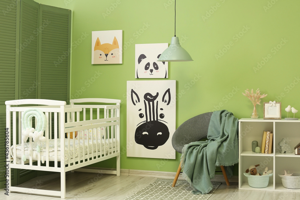 Interior of stylish childrens room with comfortable bed