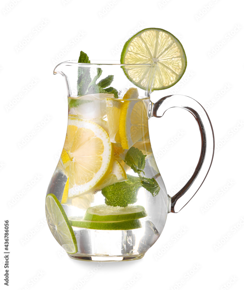 Jug of tasty cold lemonade on white background