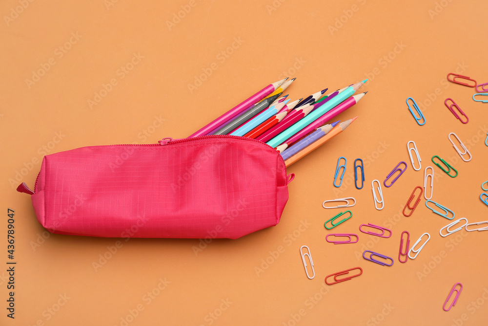 Pencil case and stationery on color background