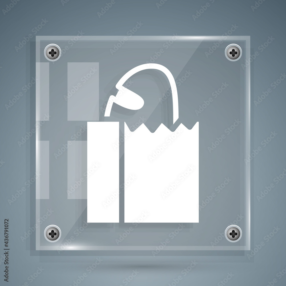 White Paper bag with bread loaf icon isolated on grey background. Square glass panels. Vector