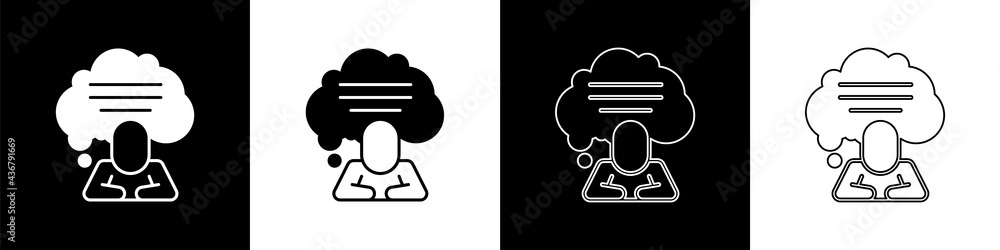 Set Speech bubble chat icon isolated on black and white background. Message icon. Communication or c