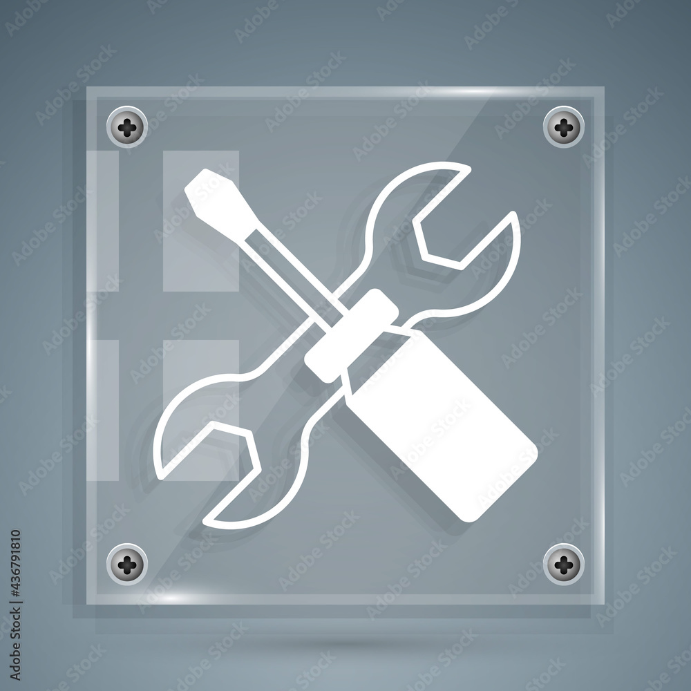 White Screwdriver and wrench spanner tools icon isolated on grey background. Service tool symbol. Sq