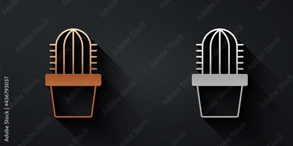 金色和银色仙人掌在黑色背景上隔离的花盆图标。植物生长在花盆中。盆栽