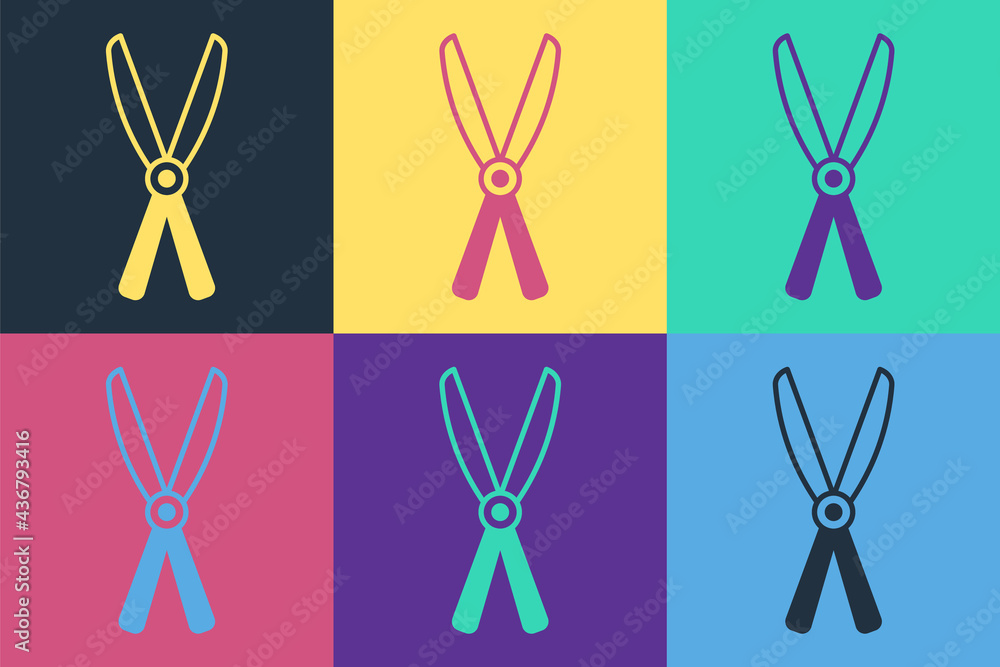 Pop art Gardening handmade scissors for trimming icon isolated on color background. Pruning shears w