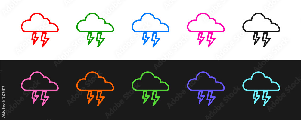 设置风暴图标隔离在黑白背景上。云和闪电标志。天气图标o