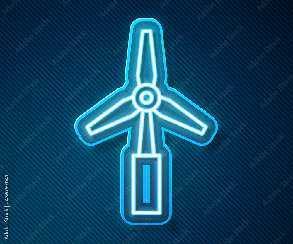 Glowing neon line Wind turbine icon isolated on blue background. Wind generator sign. Windmill for e