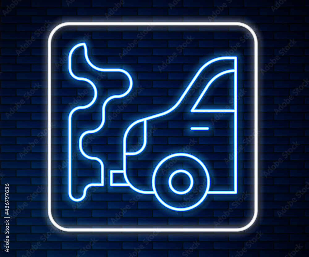 Glowing neon line Car exhaust icon isolated on brick wall background. Vector