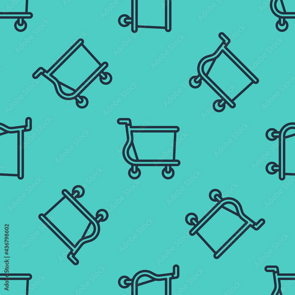 Black line Shopping cart icon isolated seamless pattern on green background. Online buying concept. 