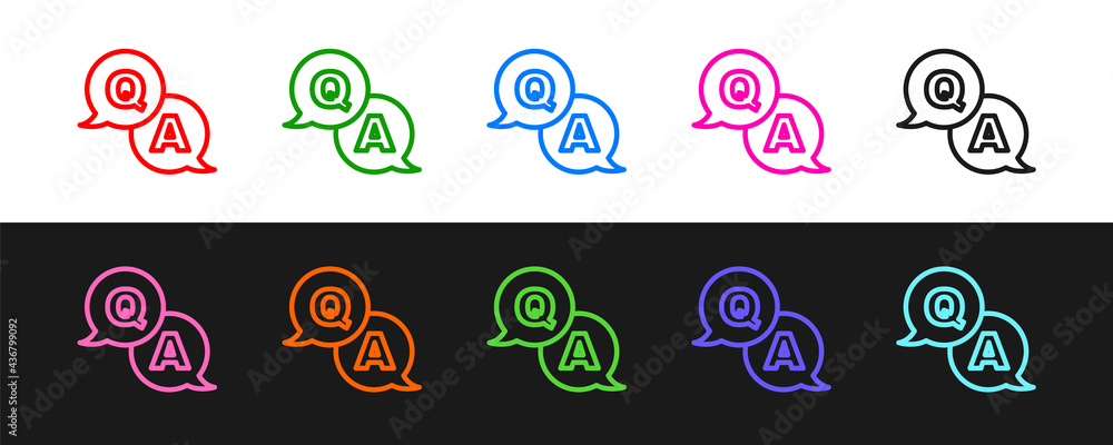 Set line Speech bubbles with Question and Answer icon isolated on black and white background. Q and 