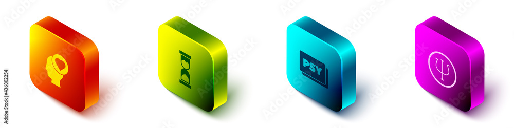 Set Isometric Broken heart or divorce, Old hourglass, Psychology, Psi and icon. Vector