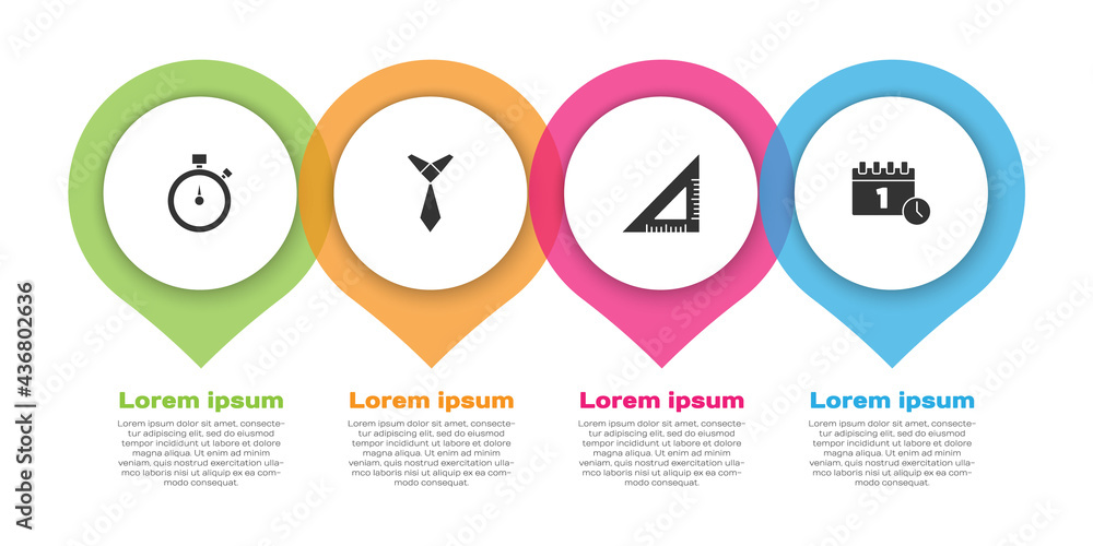 Set Stopwatch, Tie, Triangular ruler and Calendar first september date. Business infographic templat