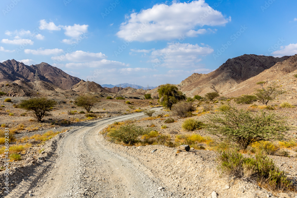 铜徒步小径，蜿蜒的砾石土路，穿过Wadi Ghargur河床和岩石石灰岩Hajar