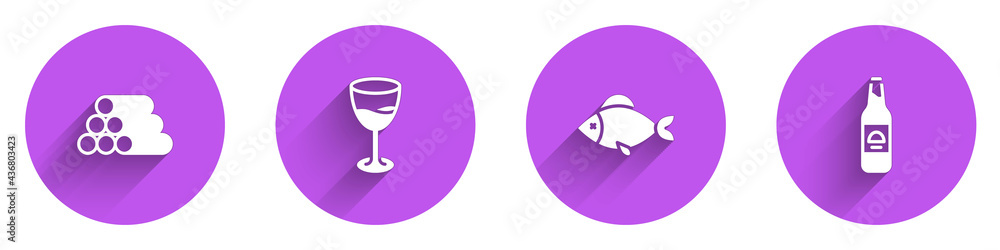 Set Wooden logs, Wine glass, Fish and Beer bottle icon with long shadow. Vector