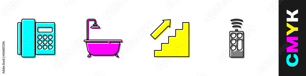 设置手机、带淋浴的浴缸、楼梯和遥控图标。矢量