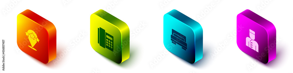 Set Isometric Five stars rating review，Telephone handset，Hotel room bed and Concierge icon.Vector（设置